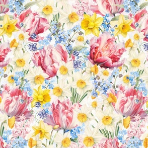 14" Hand Painted Antique Watercolor Springflowers Fabric, Yellow Daffodils, Springflower,  Pink Tulips,Blue Forget-Me-Not Fabric  double layer - soft spring white