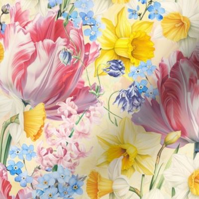 14" Hand Painted Antique Watercolor Springflowers Fabric, Yellow Daffodils, Springflower,  Pink Tulips,Blue Forget-Me-Not Fabric  double layer - soft spring yellow