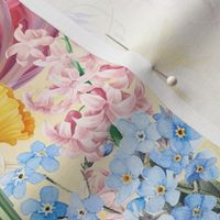 14" Hand Painted Antique Watercolor Springflowers Fabric, Yellow Daffodils, Springflower,  Pink Tulips,Blue Forget-Me-Not Fabric  double layer - soft spring yellow