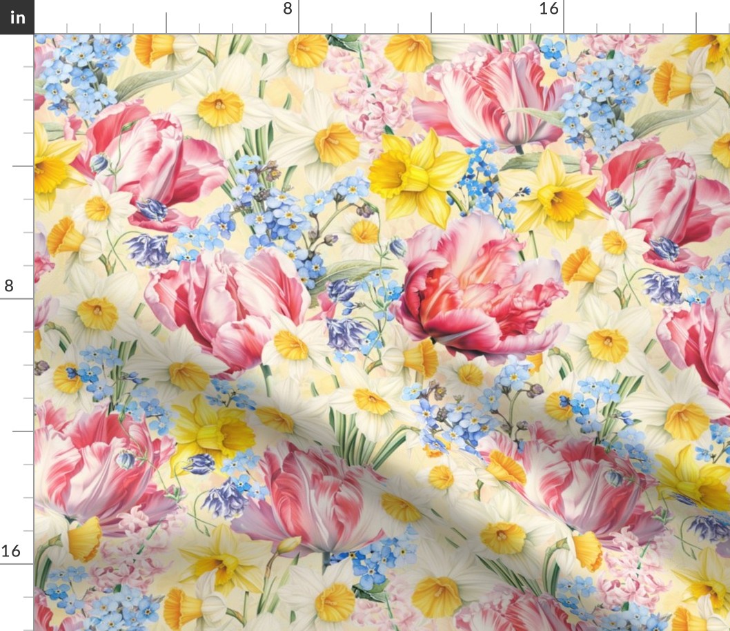 14" Hand Painted Antique Watercolor Springflowers Fabric, Yellow Daffodils, Springflower,  Pink Tulips,Blue Forget-Me-Not Fabric  double layer - soft spring yellow