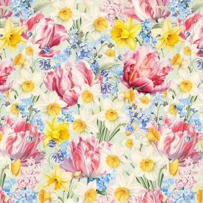 14" Hand Painted Antique Watercolor Springflowers Fabric, Yellow Daffodils, Springflower,  Pink Tulips,Blue Forget-Me-Not Fabric  double layer - soft spring green