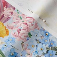 14" Hand Painted Antique Watercolor Springflowers Fabric, Yellow Daffodils, Springflower,  Pink Tulips,Blue Forget-Me-Not Fabric  double layer - soft spring blue