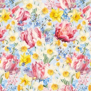 14" Hand Painted Antique Watercolor Springflowers Fabric, Yellow Daffodils, Springflower,  Pink Tulips,Blue Forget-Me-Not Fabric  double layer - soft spring blue