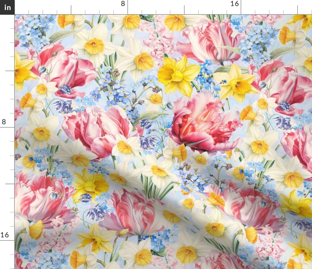 14" Hand Painted Antique Watercolor Springflowers Fabric, Yellow Daffodils, Springflower,  Pink Tulips,Blue Forget-Me-Not Fabric  double layer - soft spring blue