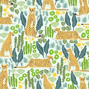 Cheetah on cream background with tropical foliage