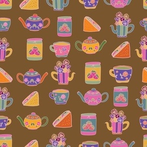 gold background with colourful hand drawn garden tea party elements pattern