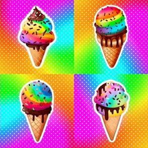 Neon Summer Ice Cream Cones 6x6 Panels Cheater Quilt Cut and Sew Appliques or Peel and Stick Wallpaper Decals Stickers Rainbow Colors