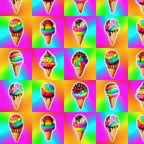 Neon Summer Ice Cream Cones 4x4 Patchwork Panels for Stickers Patches Cheater Quilts Rainbow Colors