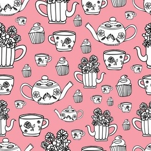 pink background with hand drawn garden tea party elements, white with black outline