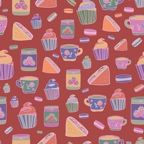 mauve background with sandwiches, tea, maccarons, jam and cupcakes pattern
