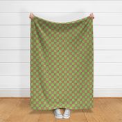 4” checkerboard checkers checks  with faux burlap woven texture and painterly mark making tiled half drop coordinate for tropical  leap frogs on dark chartreuse green and peach, orange and blue nova