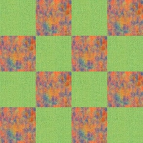 4” checkerboard checkers checks  with faux burlap woven texture and painterly mark making tiled half drop coordinate for tropical  leap frogs on dark chartreuse green and peach, orange and blue nova