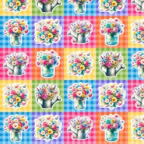 Bright Spring Garden Cut Flowers 4x4 Patchwork Panels for Peel and Stick Wallpaper Swatch Stickers Patches Cheater Quilts Colorful Rainbow Gingham