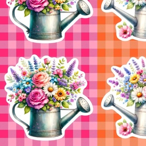 Bright Spring Garden Cut Flowers 12x12 Panels for Cut and Sew Appliques or Peel and Stick Wallpaper Decals Tin Watering Cans Pink and Orange Gingham