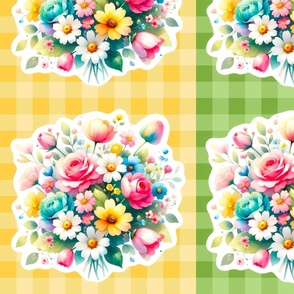 Bright Spring Garden Cut Flowers 12x12 Panels for Cut and Sew Appliques or Peel and Stick Wallpaper Decals Easter Bouquets Yellow and Green Gingham
