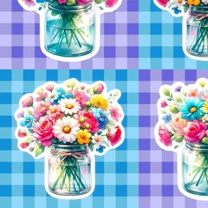 Bright Spring Garden Cut Flowers 12x12 Panels for Cut and Sew Appliques or Peel and Stick Wallpaper Decals Glass Farmhouse Jars Blue and Purple Gingham