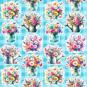 Bigger Spring Garden Cut Flower Bouquets Jars Vases Tin Watering Can Stickers Blue Gingham