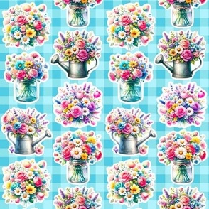 Smaller Spring Garden Cut Flower Bouquets Jars Vases Tin Watering Can Stickers Blue Gingham