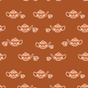 orange background with hand drawn tea pots and tea cups pattern