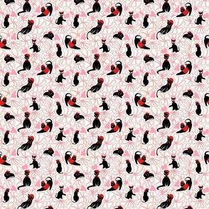 Hats Off Cat-ture- Fashionista Black Cats Valentine in Pink and Red Hearts Line Daisy Garden on Linen- Small Scale 