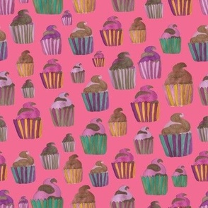 bright pink background with hand drawn cupcakes in ink marker pattern