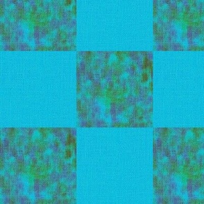 6” checkerboard checkers checks  with faux burlap woven texture and painterly mark making tiled half drop coordinate for tropical  leap frogs on dark aqua teal blue  and green hues and blue nova