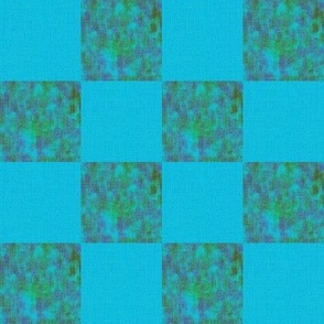 4”  checkerboard checkers checks  with faux burlap woven texture and painterly mark making tiled half drop coordinate for tropical  leap frogs on dark aqua teal blue  and green hues and blue nova