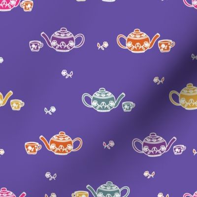purple background with colourful hand drawn tea cups and tea pots pattern