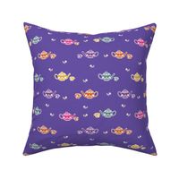 purple background with colourful hand drawn tea cups and tea pots pattern