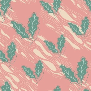 Leaves on woodgrain - pink and green