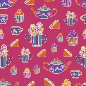 purple background with bright colourful garden tea party elements