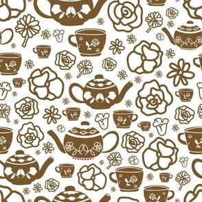 white background with gold hand drawn garden tea party elements pattern