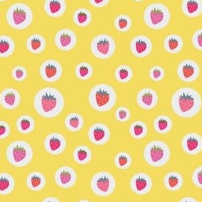 bright yellow background with white polka dots and pink strawberries pattern