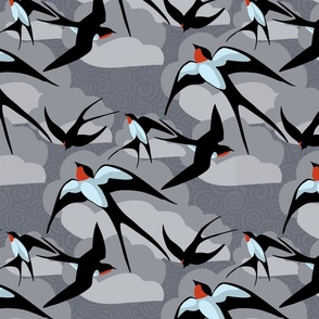 flying swallows on a background with clouds and texture in shades of grey - medium scale