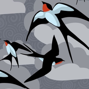 flying swallows on a background with clouds and texture in shades of grey - large scale
