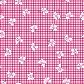 vintage check and floral, floral and check, plaid, deep pink, red, retro floral check, deep pink gingham