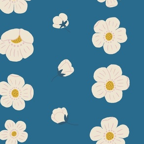 (L) Denim Blue Buttercups Stripe - Cottagecore cream and pink flower blooms on a denim blue background