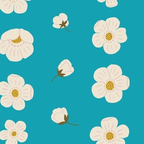 (L) Blue Buttercups Stripe - Cottagecore cream and pink flower blooms on a sky blue background