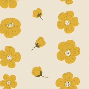 (L) Cream Buttercups Stripe - Cottagecore mustard yellow flower blooms on a cream background