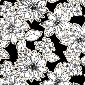 Black and White Floral Pattern Hand-Drawn Flowers