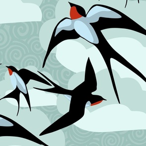 flying swallows on a background with clouds and texture in shades of mint green - large scale