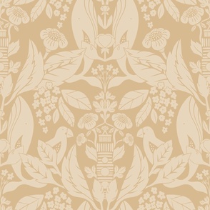 Jumbo Monochrome Coastal Floral Damask with Whale and Lighthouse (Golden Yellow) (24")