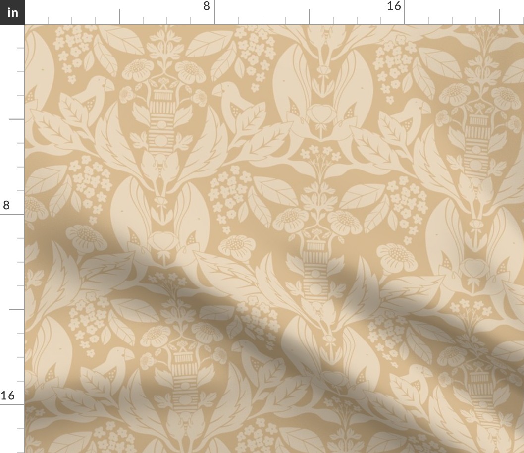 Large Monochrome Coastal Floral Damask with Whale and Lighthouse (Golden Yellow) (12")