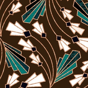 Art Deco Floral Twist  - Teal, Copper, Black and Brown - Large Scale