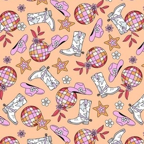 Retro Cowboy boots and mirrorball disco dance design girls boots stars and flowers on peach blush