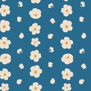 (M) Blue Buttercups Stripe - Cottagecore cream and pink flower blooms on a denim blue background