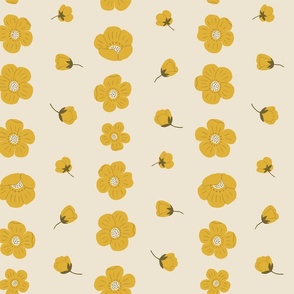 (M) Cream Buttercups Stripe - Cottagecore mustard yellow flower blooms on a cream background