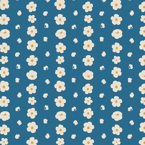 (S) Blue Buttercups Stripe - Cottagecore cream and pink flower blooms on a denim blue background