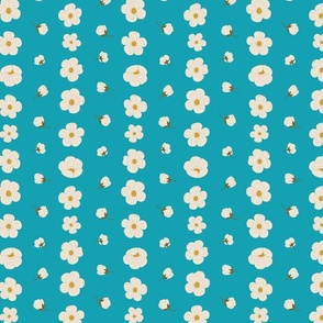 (S) Blue Buttercups Stripe - Cottagecore cream and pink flower blooms on a sky blue background