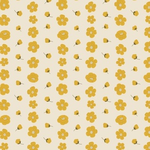 (S) Cream Buttercups Stripe - Cottagecore mustard yellow flower blooms on a cream background